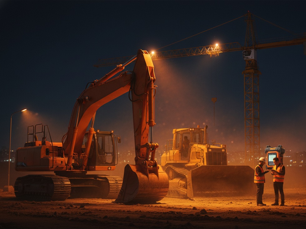 AUTOBIT construction equipment tracking showing heavy machinery including excavators, bulldozers, and cranes at construction sites with GPS trackers for equipment utilization monitoring and theft prevention