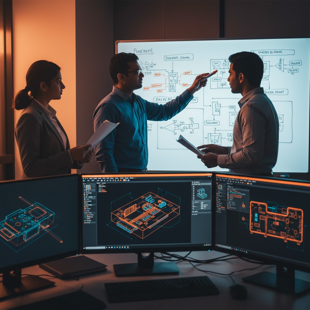 AUTOBIT design phase showing engineers collaborating on workstations with CAD software, circuit schematics, and whiteboards for system architecture planning and requirements.