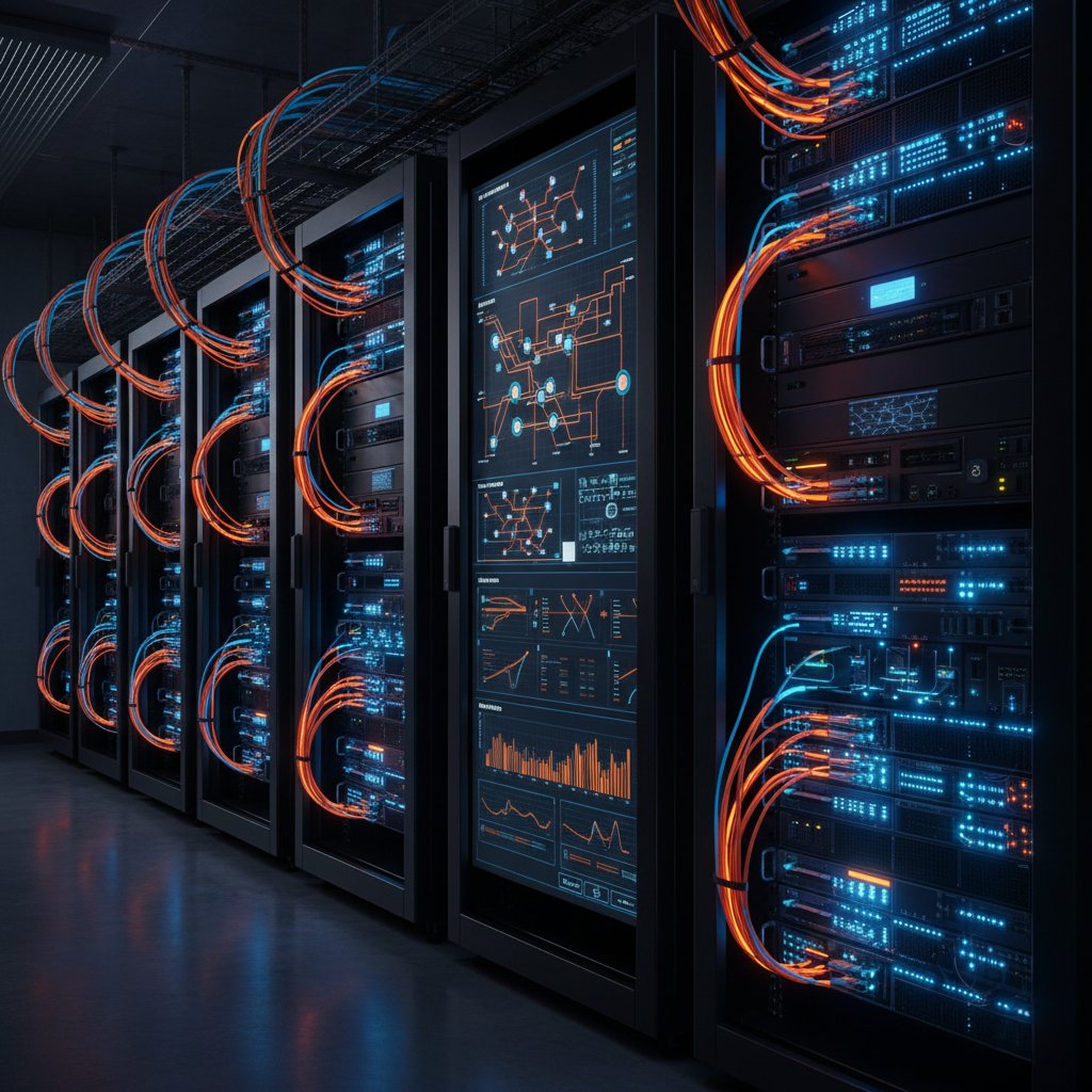 AUTOBIT digital infrastructure showing modern data center with server racks, fiber optic cables with orange and blue illumination, and network monitoring displays