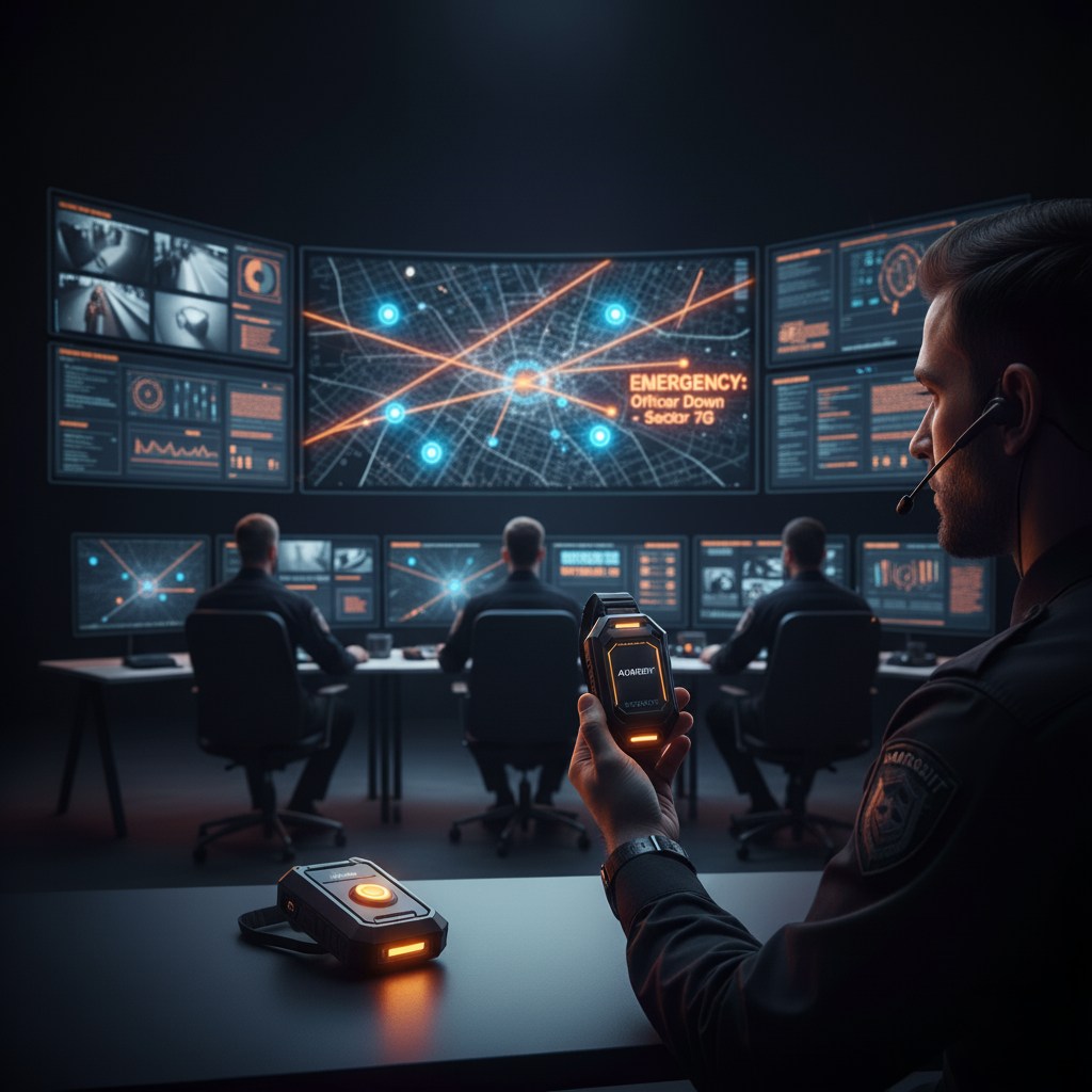 AUTOBIT security systems showing personal safety wearables, emergency response devices, and security personnel with GPS-enabled equipment in control room with real-time location tracking