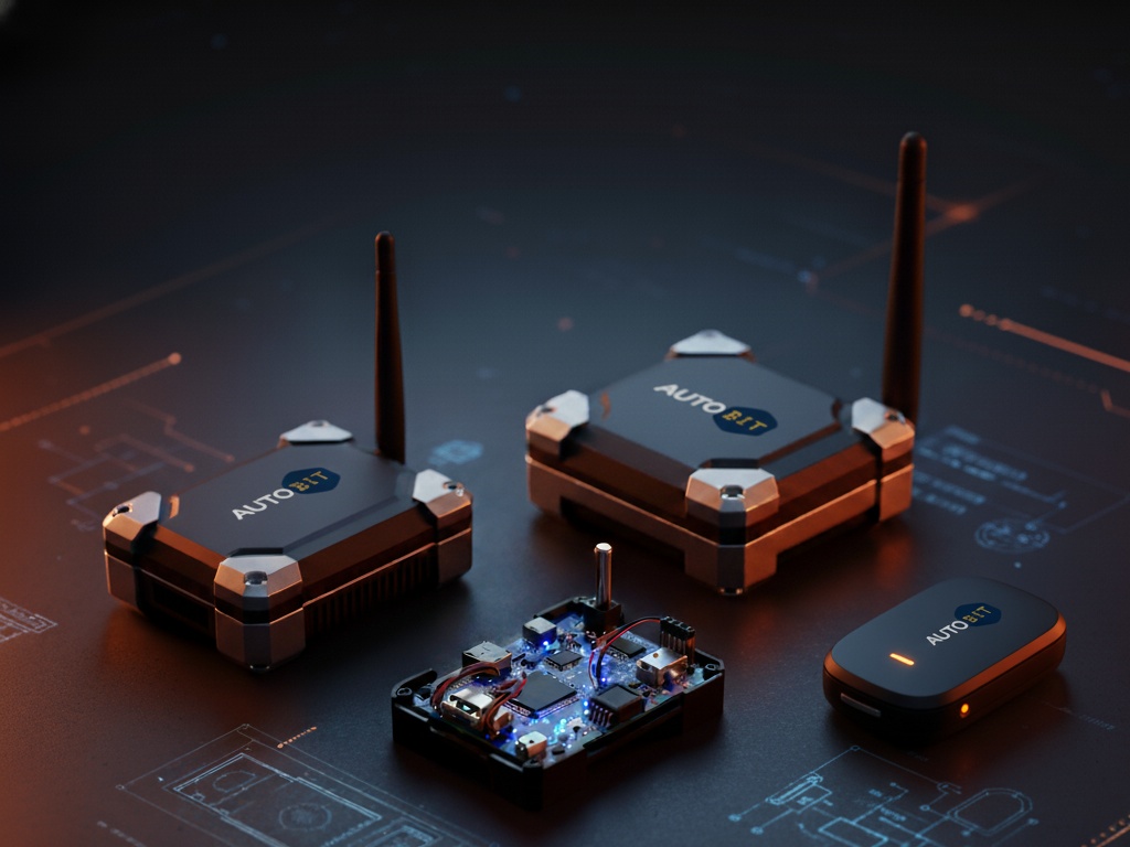 AUTOBIT rugged GPS tracking devices with weatherproof casing showing circuit boards and antenna systems in various form factors from compact vehicle trackers to industrial-grade units