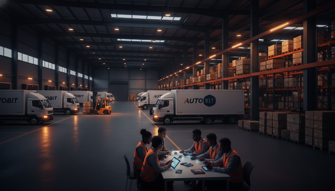 AUTOBIT fleet in action showing diverse commercial vehicles including trucks, vans, and delivery vehicles on highways equipped with GPS tracking devices