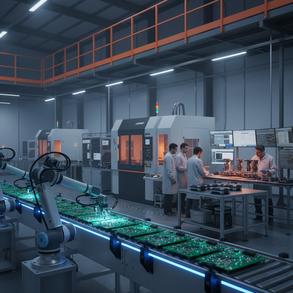 AUTOBIT manufacturing facility showing professional PCB assembly lines, quality testing stations, automated production equipment, and engineers conducting validation tests on GPS devices