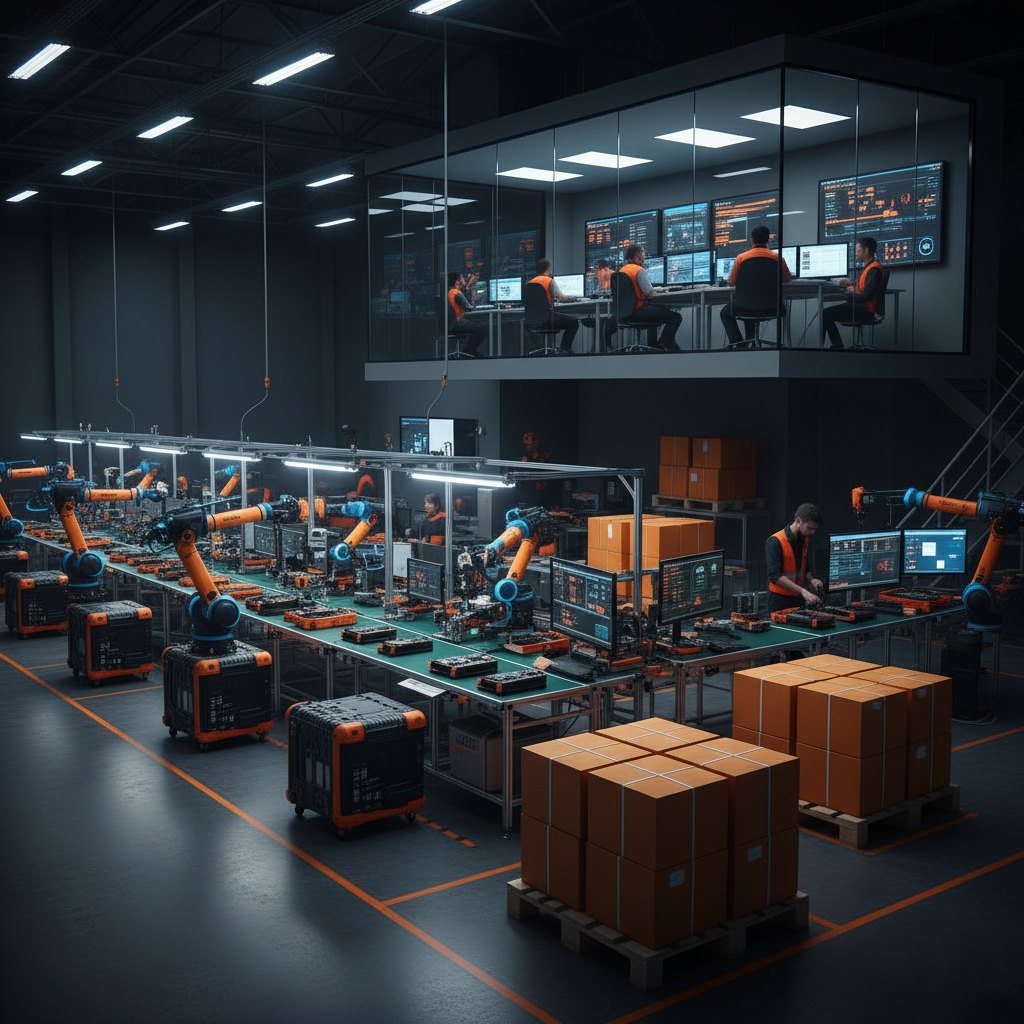 AUTOBIT production line in a high-tech manufacturing facility showing automated assembly, quality control checkpoints, and packaged GPS/IoT products ready for shipment.