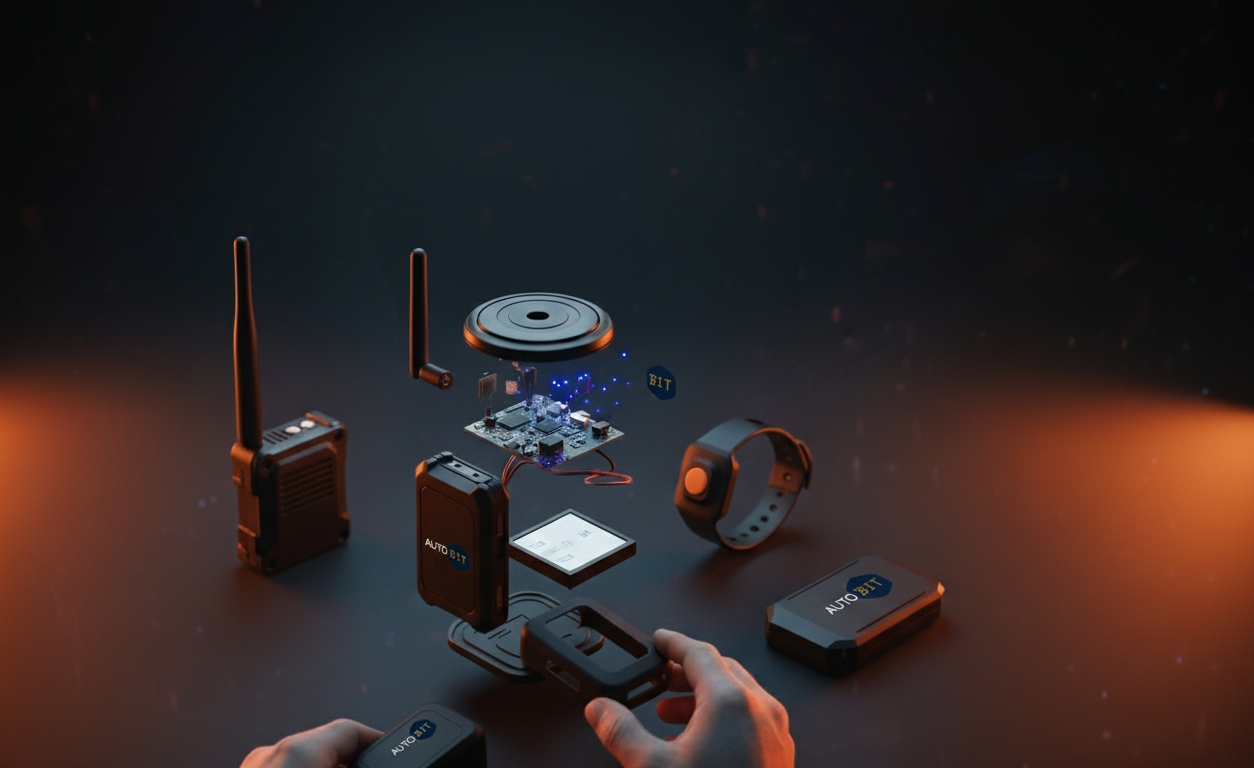 AUTOBIT Product Portfolio - professional photography of GPS and IoT devices including trackers, wearables, sensors, and communication modules with internal components, highlighting advanced features and technical specifications.