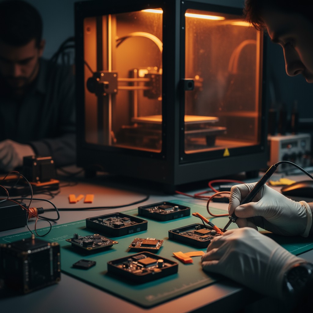 AUTOBIT prototyping lab showing engineers using 3D printers, oscilloscopes, and testing equipment for hands-on assembly and testing of GPS and IoT device prototypes.