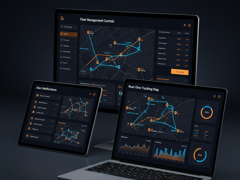 AUTOBIT data platform showing modern web dashboard interface with real-time tracking map, analytics graphs, alert notifications, and fleet management controls on multiple devices