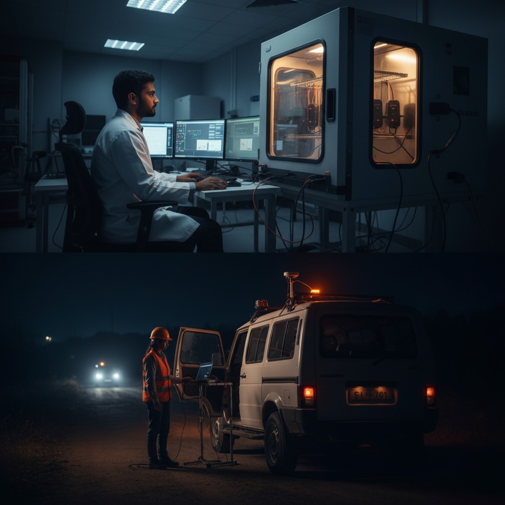 AUTOBIT testing and validation phase showing a quality assurance facility with environmental testing chambers, signal strength analyzers, and field testing of GPS devices installed in vehicles.