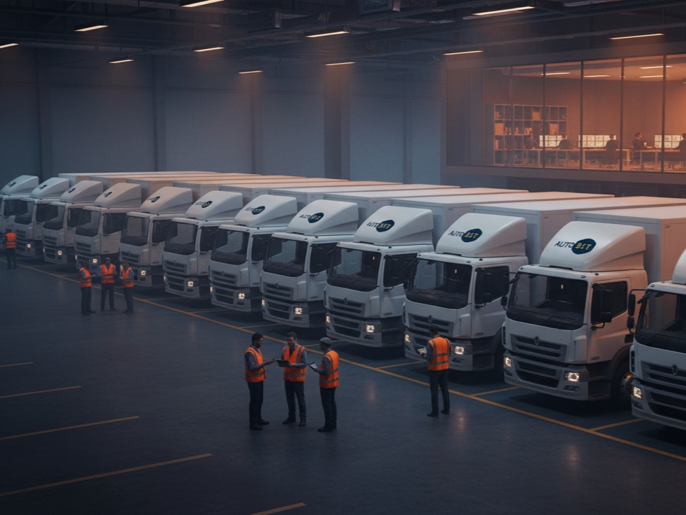AUTOBIT transportation and logistics fleet showing delivery trucks and vehicles with GPS tracking at modern logistics facility with loading operations and dispatch coordination